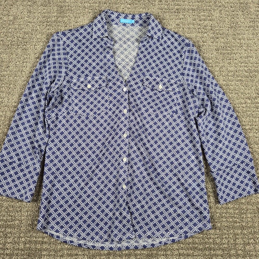 J McLaughlin Shirt Womens S Blue Brynn Linen Blend Button Front Geometric Top